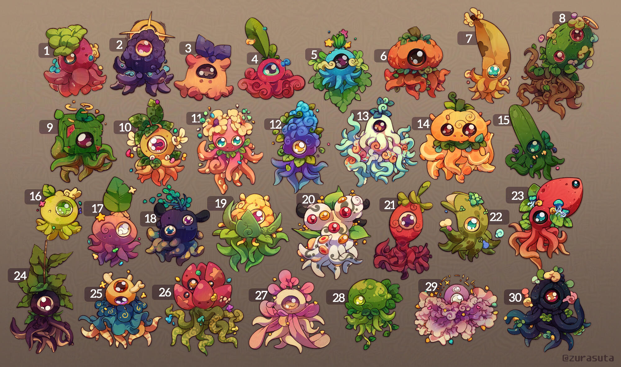 Octoberries, pets for casual tabletop adventures compatible with the Troika! System. Most of them were sold as adoptables.